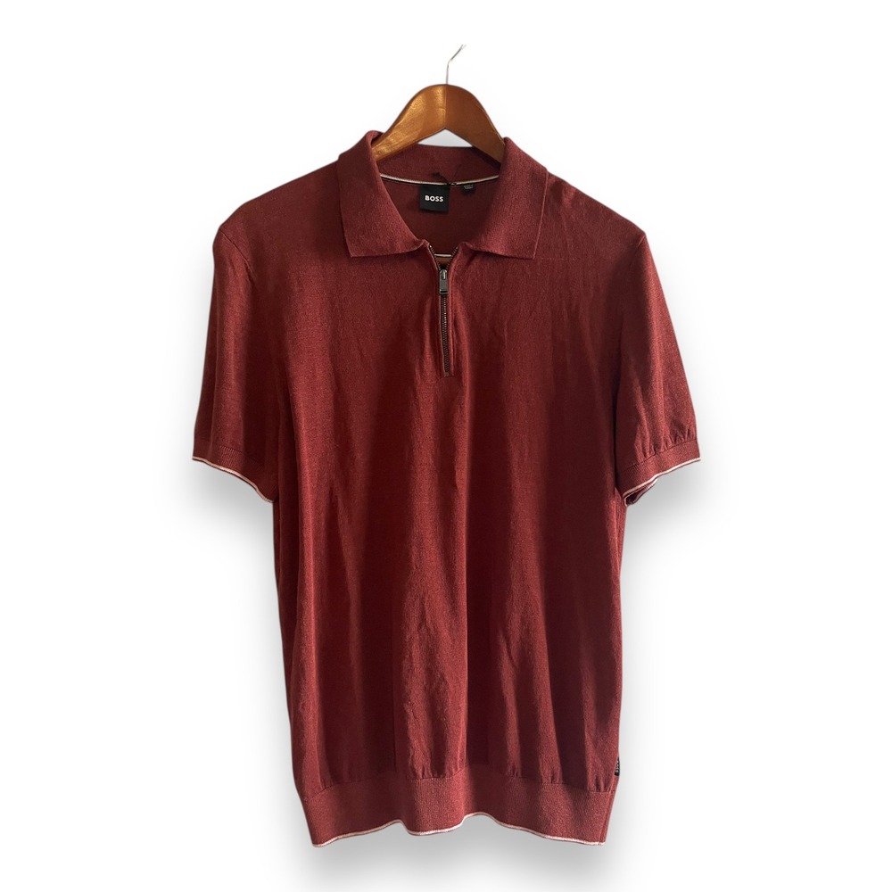 BOSS Hugo Boss Mens Rust Red Linen Blend Quarter Zip Polo Shirt Size M
